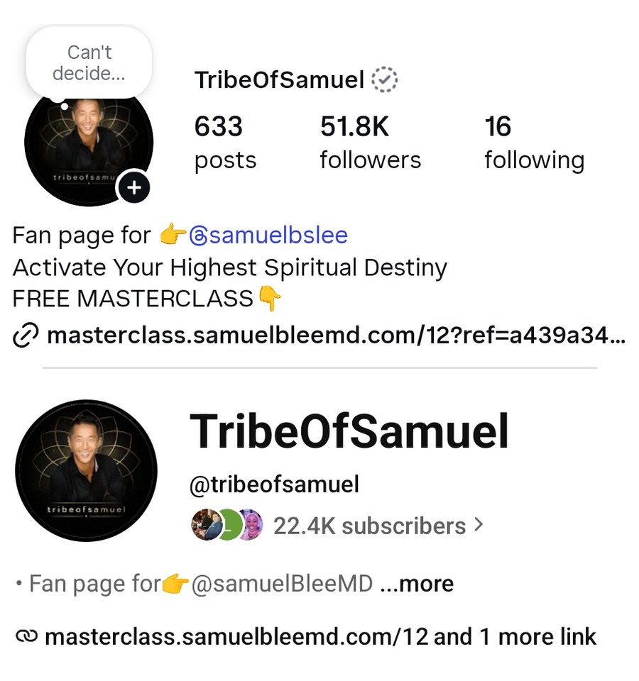 @tribeofsamuel Instagram with 51.8K followers, and YouTube with 22.4K subscribers