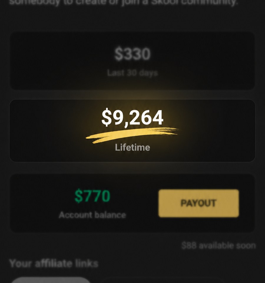 Skool affiliate dashboard: $9,264 lifetime commissions, 40% commission rate