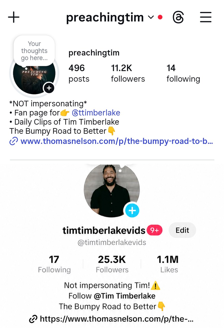 @preachingtim Instagram profile with 11.2K followers, and @timtimberlakevids TikTok profile with 25.3K followers and 1.1M likes